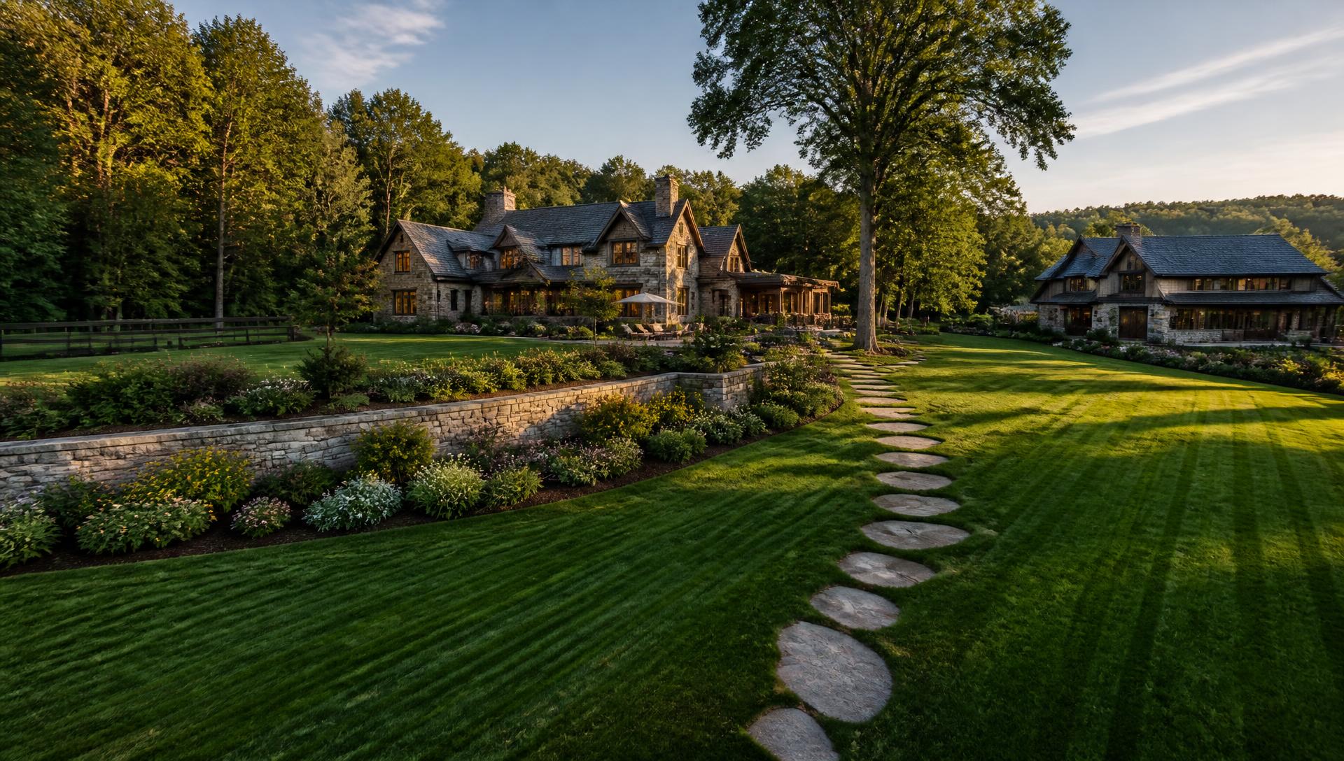 Sweeping view of a lush estate lawn, stone walkway, retaining wall, and mature trees maintained by Bluestone Outdoor Services